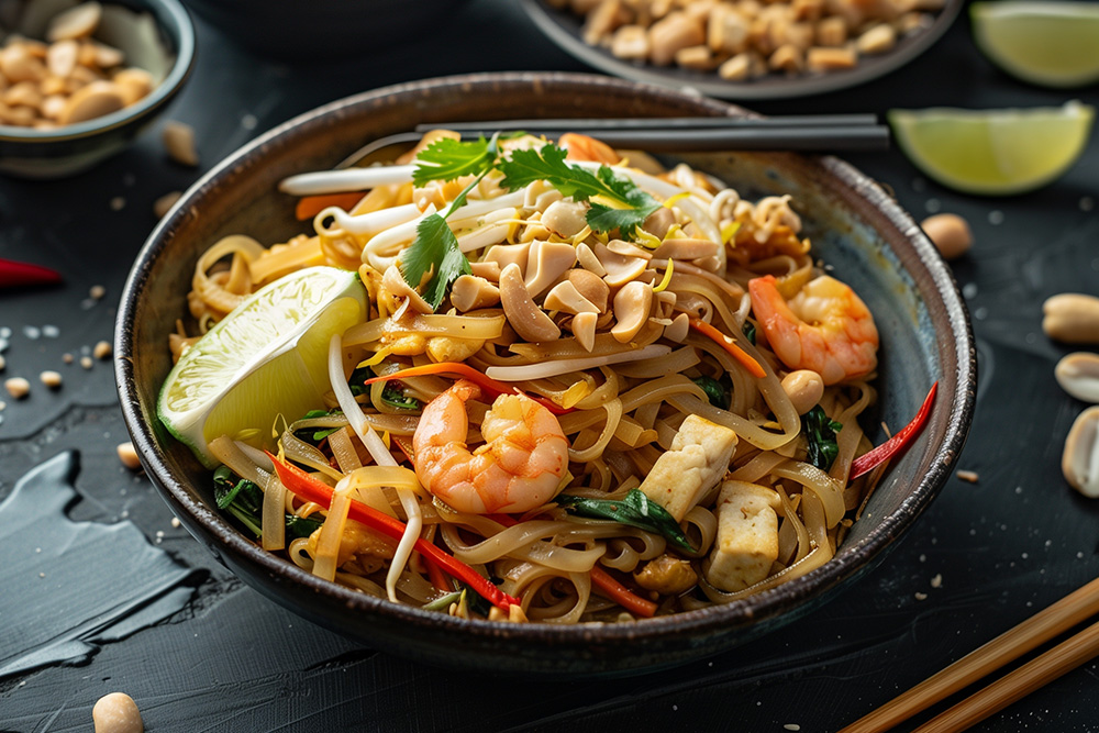 Encima de una mesa negra un bol en primer plano con fideos de arroz, con gambas, cacahuetes un trozo de lima y decorado con perejil. Unos palillos apoyados encima