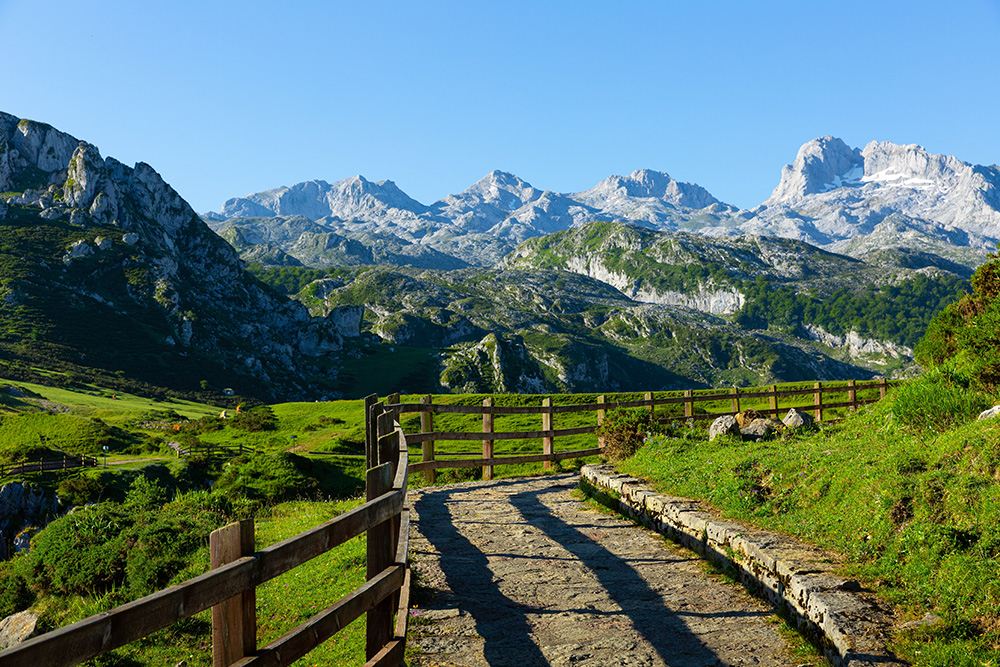 Camino de piedra rodeado por un lado de una cercado de madera y rodeado de un valle verde. Al fondo las montañas parcialmente verdes bajo un cielo azul 