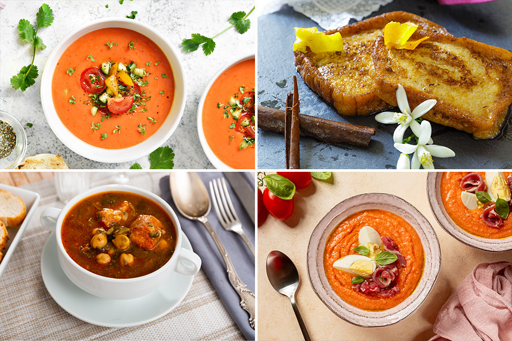 Collage de un gazpacho en la imagen izquierda superior, torrijas en la derecha, cocido andaluz en la imagen inferior izquierda y en la derecha salmorejo 