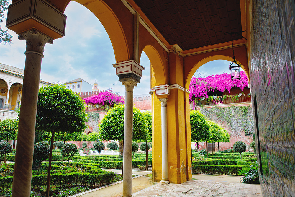Vista desde un porche con grandes arcos a un jardín con pequeños arboles. Al fondo y encima de una pared arbustos en flor de color rosa intenso 