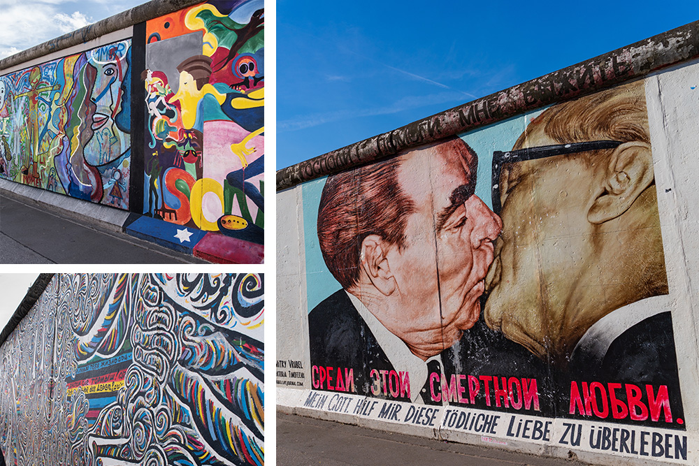 Collage de tres imágenes de arte callejero en Berlínn. Mítica imagen de dos hombres besándose pintada como mural