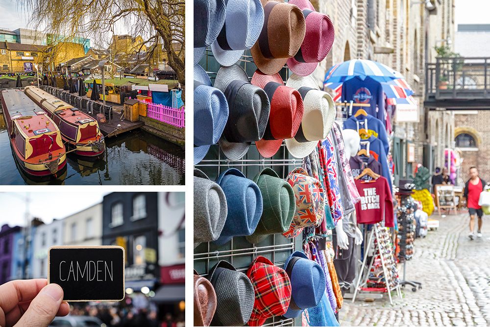 Collage de tres imagenes del mercado. Arriba derecha el lago con barcos, abajo izquierda una mano sosteniendo un cartel con nombre del mercado y derecha en grande sombreros de colores en un estante de una calle