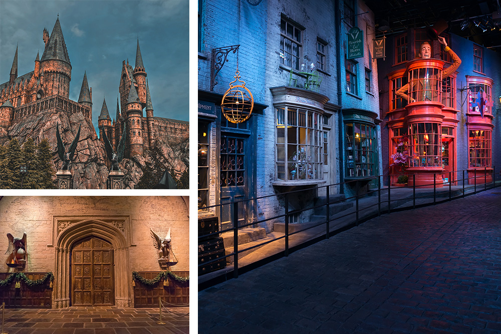 Collage de tres imágenes miticas de la película de Harry Potter. Arriba izquierda el colegio Howards, abajo entrada de un castillo y derecha en grande el callejon