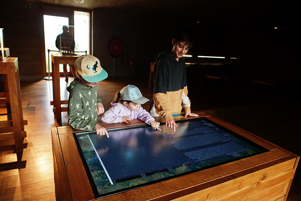 Una sala del museo con un hombre al fondo. En primer plano un niño y una niña con gorra contemplando una pantalla y al lado un adolescente