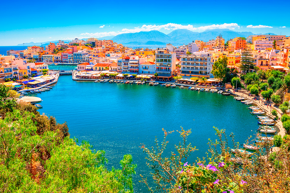 Bahía con barquitos alrededor, casas de colores y un arboles bajo un cielo azul