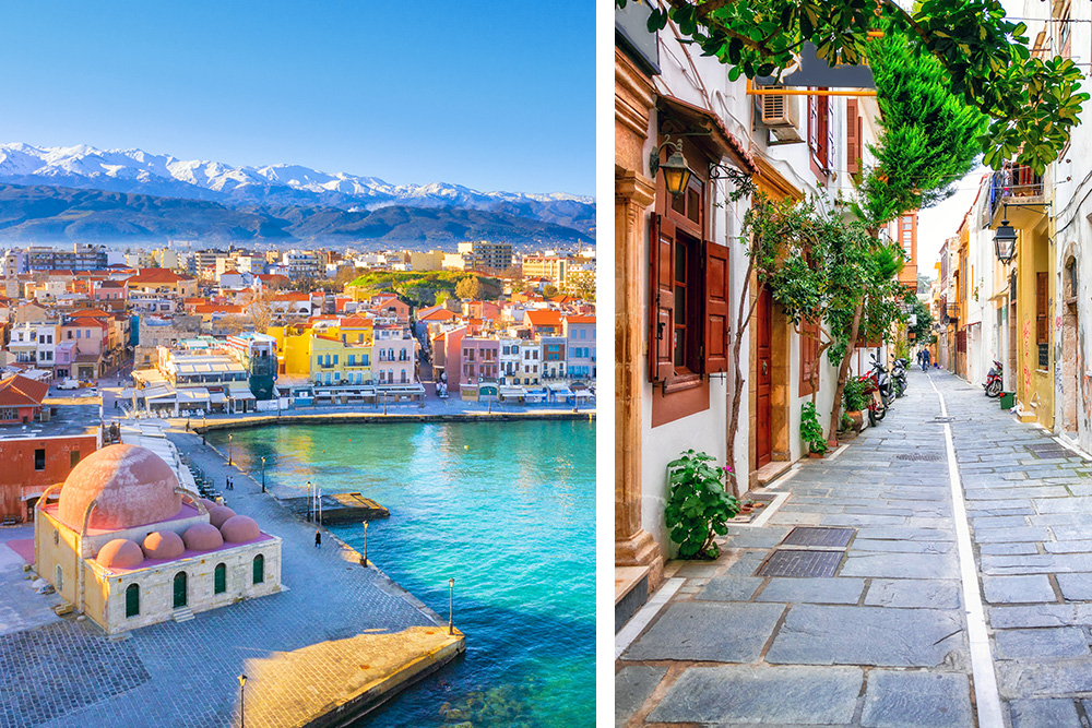 Collage: imagen derecha puerto con casas de colores. Imagen izquierda callejuela con casitas y macetas
