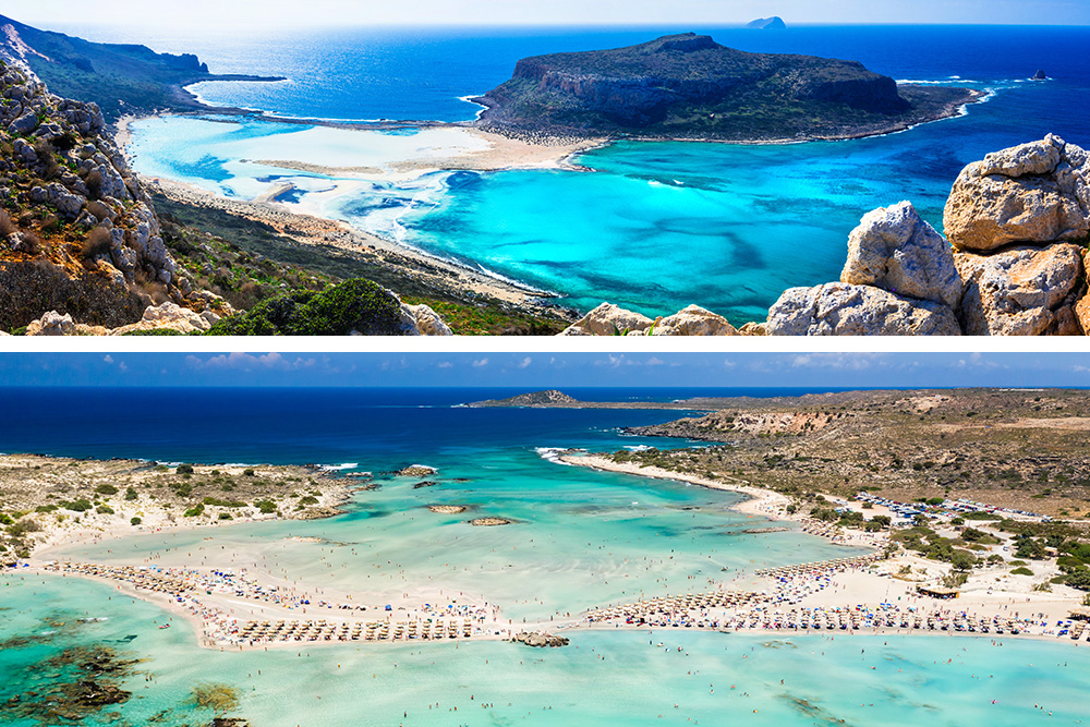 Collage: imagen de arriba pequeña isla con playa en un mar azul oscuro. Imagen de abajo playa virgen con aguas turquesas