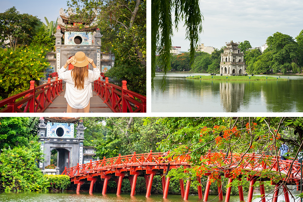 Collage foto derecha arriba chica con sombrero cruzando el puente. Izquierda arriba lago con templo en el centro de una isla. Abajo puente de color rojo cruzando el lago hacia el templo 