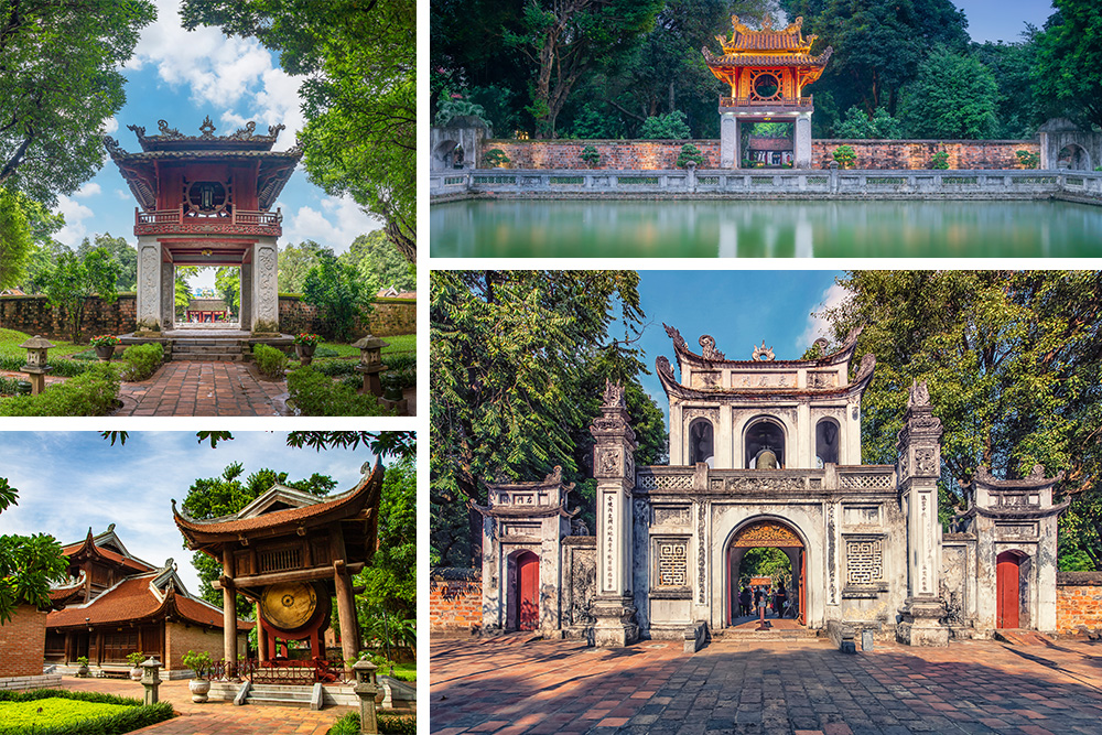 collage de cuatro fotos con diferentes vistas del templo, entrada y lago frente a el 