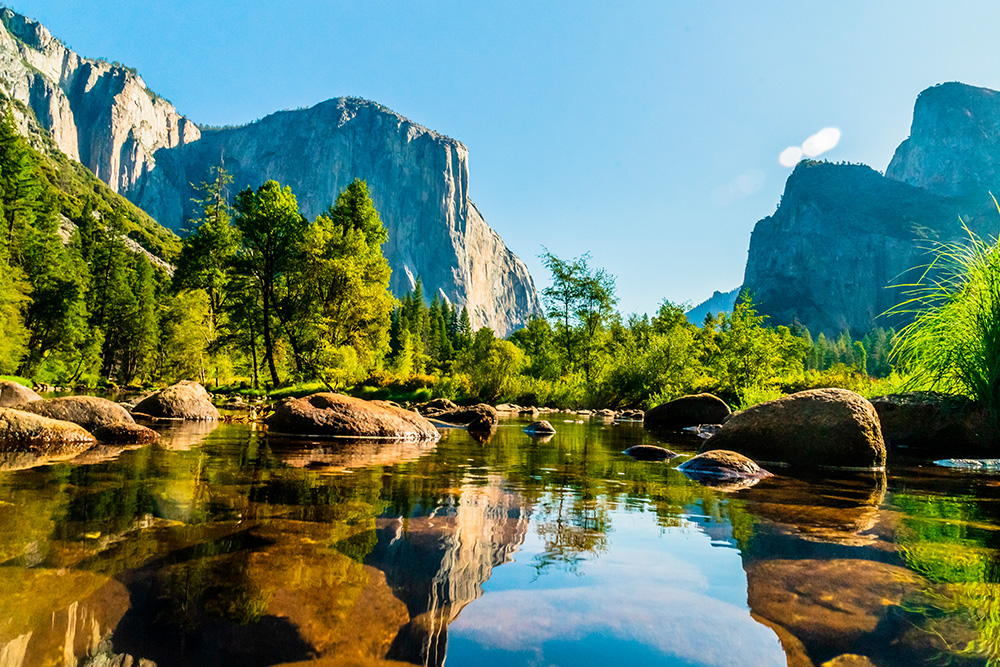 Un lago con grandes piedras y rodeado de un frondoso bosque verde y al fondo montañas 