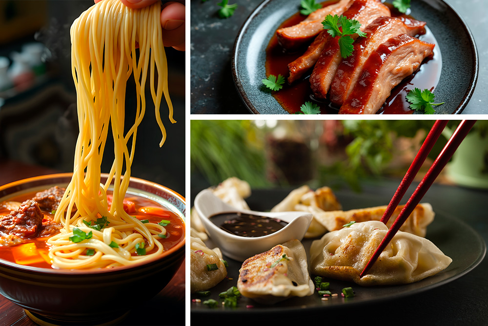 Imagen izquierda un cuenco con fideos. Imagen derecha arriba filetes de pato con perejil decorando. Imagen derecha abajo dumplings con un cuenco con salsa y unos palillos sujetando