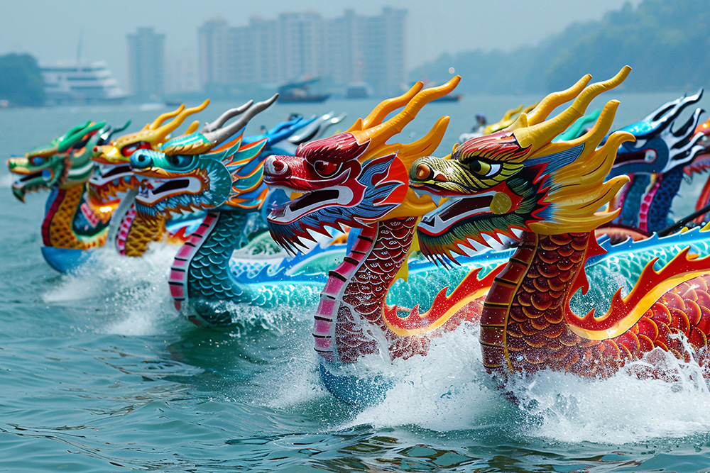 Un río con varias figuras de dragones de madera y colores llamativos surcándolo rápido. De fondo rascacielos