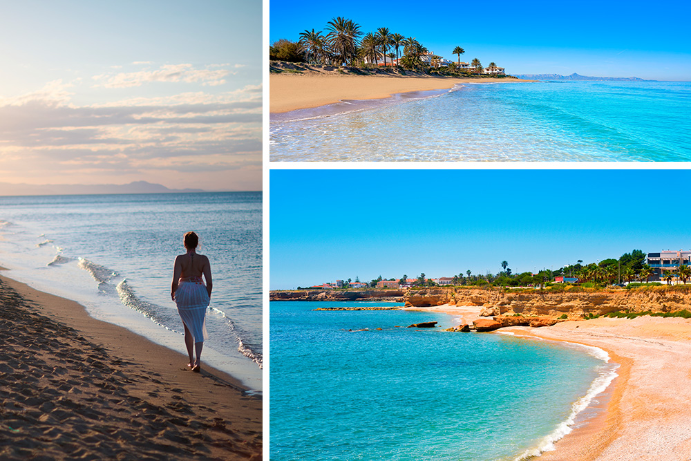 Collage foto de la izquierda una mujer paseando por la orilla de la playa. Foto derecha arriba y abajo un mar azul turquesa con una playa de arena fina naranja y al fondo palmeras y casas bajas
