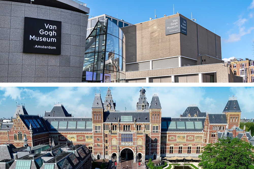Imagen de arriba el Museo Van Gogh de estilo moderno. Imagen de abajo el Museo Rijksmuseum en edificio de estilo clásico.
