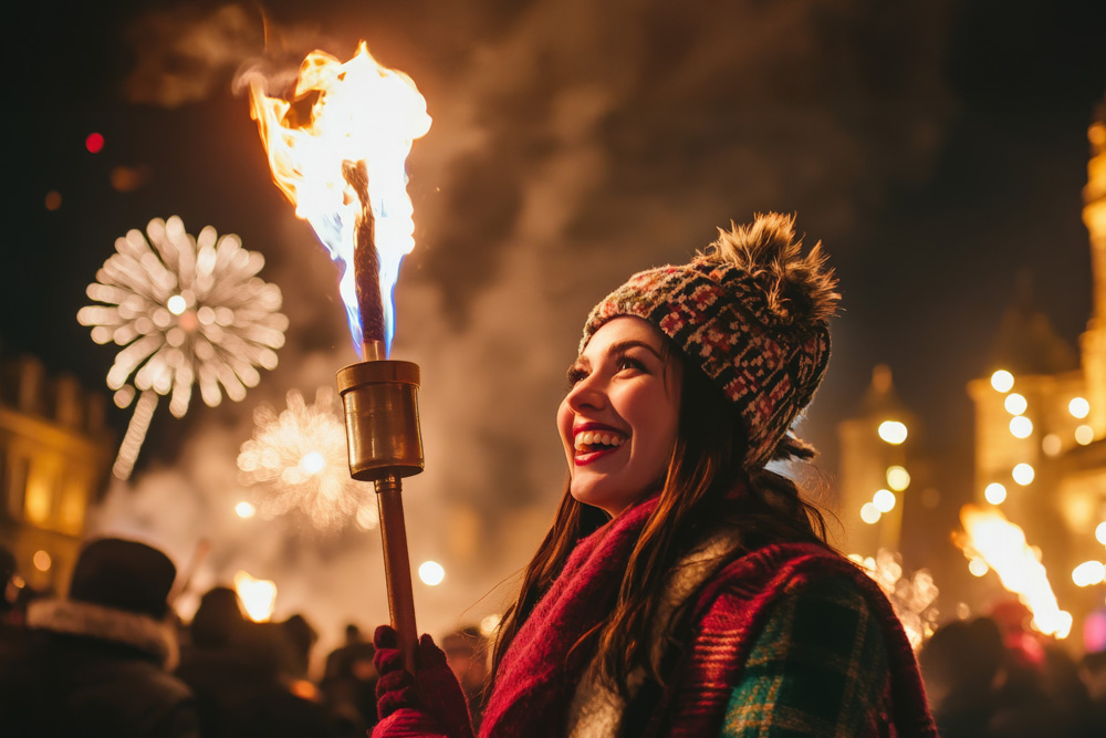 Una chica sonriendo en medio de mucha gente de noche con una antorcha