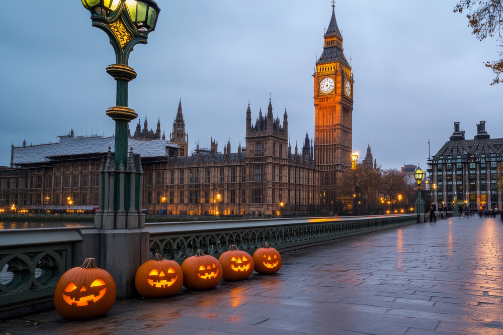 El puente de Westminster con la torre al fondo. En el lateral del puente varias calabazas iluminadas