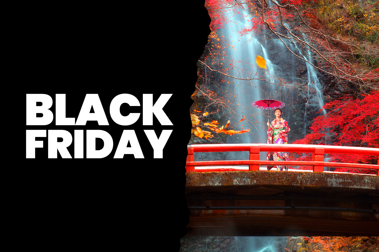 Mujer asiatica con kimono y sombrilla en un puente rojo con arboles en flor