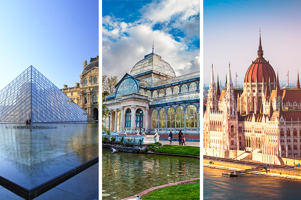Collage de fotos, imagen izquierda el louver, centro retiro y derecha catedral 