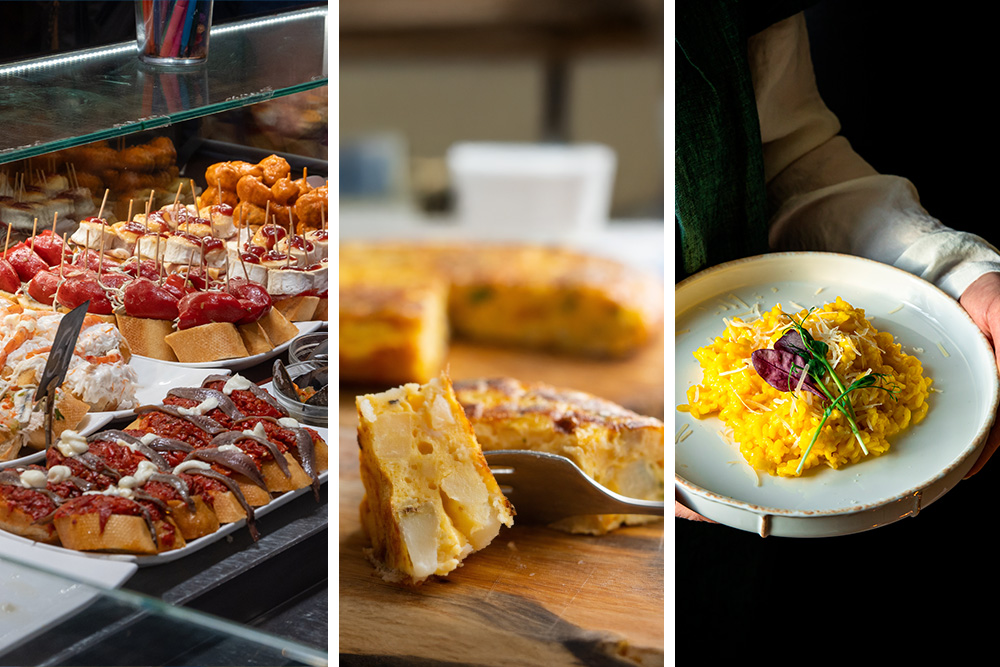 Collage de fotos: imagen izquierda pinchos, en centro tortilla y derecha rissotto 