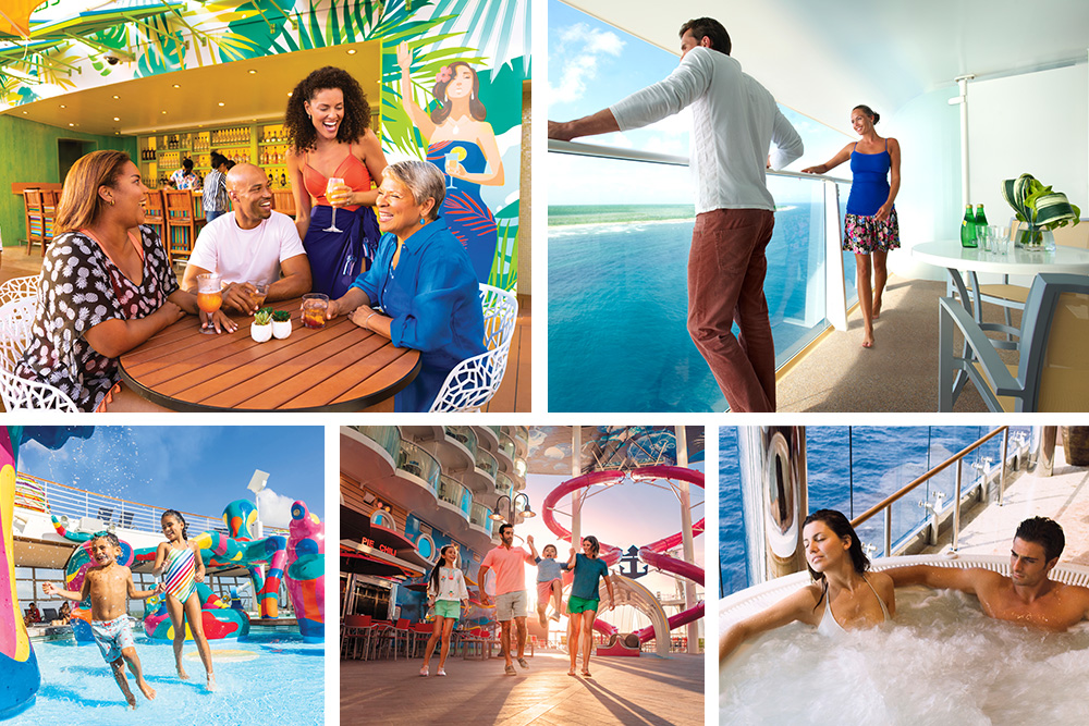 Collage de imagenes de niños y familias disfrutando a bordo de un crucero 