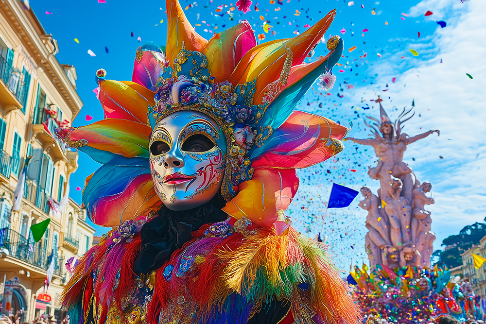 Persona disfrazada con mascara plateada y corona con coleres