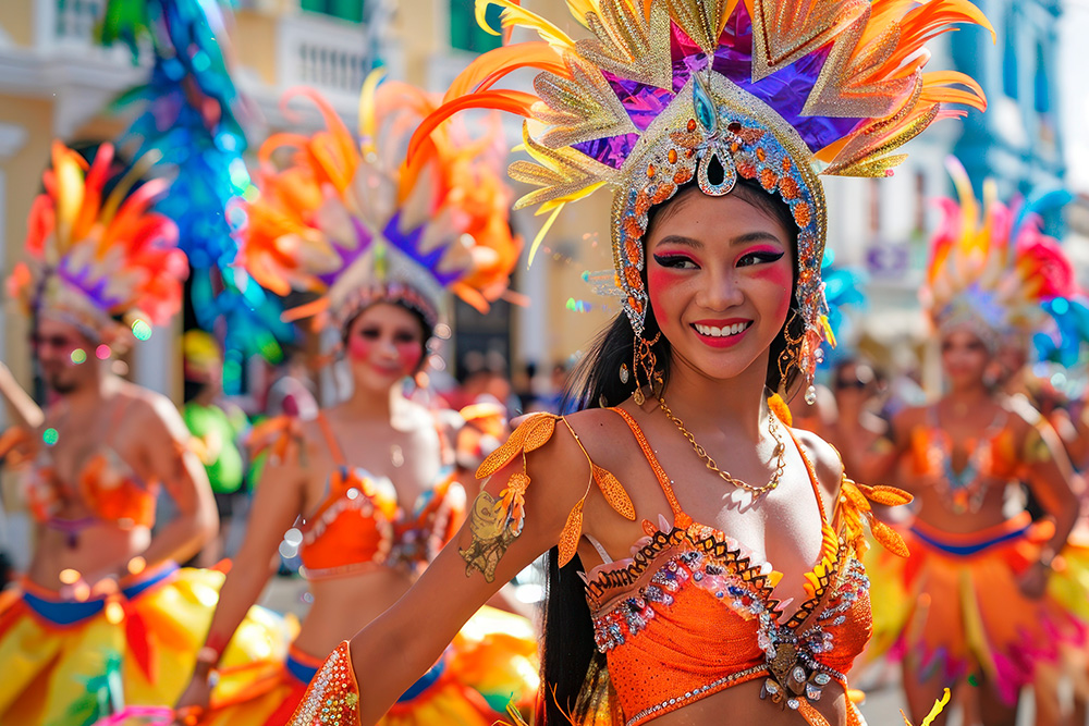 Primer plano de mujer con corona y top naranja,. De fondo hombres y mujeres igual disfrazados de colores