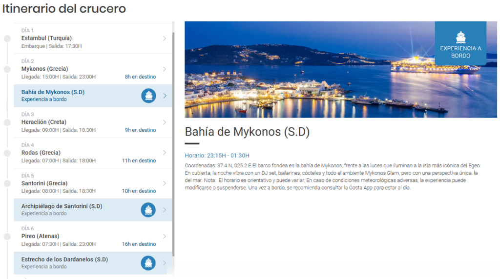 Itineraro Costa Cruceros con Sea Experiencies