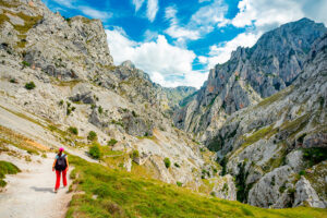 Un senderista caminando por una montaña