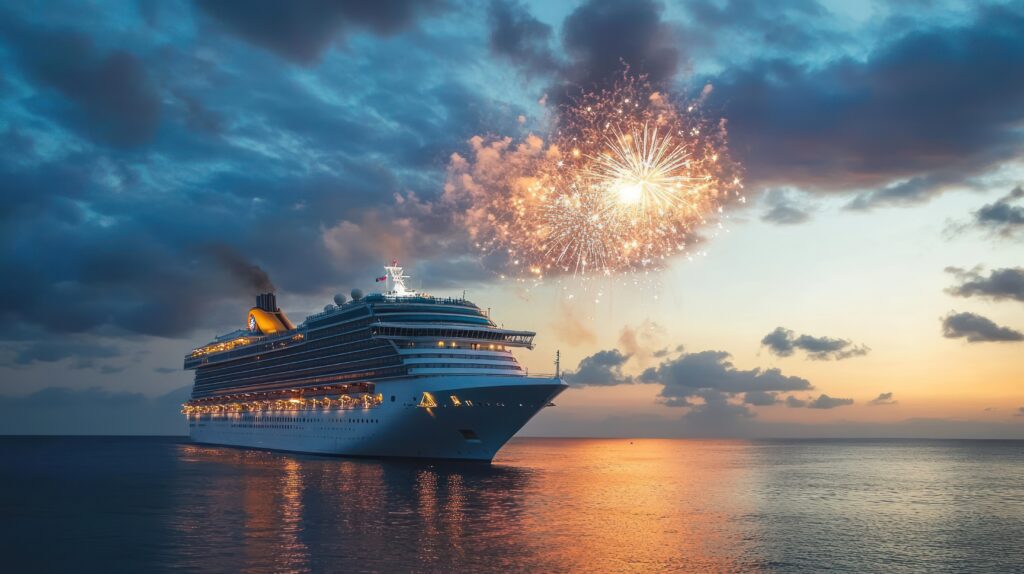 Fuegos artificiales vistos desde un crucero en Navidad